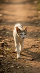 Natural candid cat walking on dirt path. Slender white cat with brown patches in rustic outdoor setting. Focused feline on textured earthy trail with dry leaves.