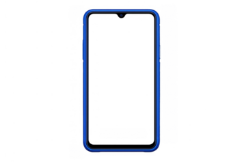 Smartphone with blue case and blank transparent screen for app mockups and digital ui display