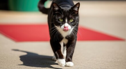 Black and white cat walking on concrete licking nose. Sleek feline with yellow-green eyes and pink tongue on outdoor surface. Cat with shiny black coat and white markings striding forward.