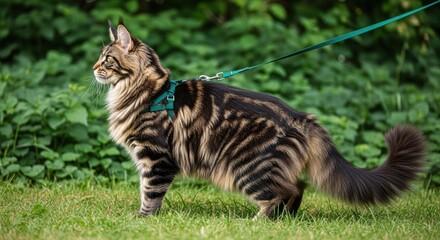 Majestic Maine Coon cat on leash in lush greenery. Large fluffy brown tabby cat with bushy tail in natural setting. Profile view of leashed Maine Coon focused in distance.