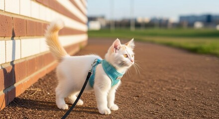 Fluffy white kitten with orange patches wearing blue harness. Kitten on brown surface with brick wall and distant grassy view. White and orange kitten standing attentively on leash.