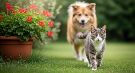 Gray tabby cat walking with dog in grassy garden. Domestic cat and golden dog in pastoral setting with red flowers. Serene garden scene with cat leading and dog following.