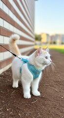 Fluffy white kitten with orange patches wearing blue harness. Kitten on brown surface with brick wall and distant grassy view. White and orange kitten standing attentively on leash.