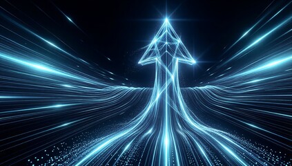 Blue digital arrow ascends through glowing light trails against dark cosmic background.