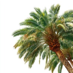 Close-up of a vibrant palm tree against a pristine white backdrop, showcasing its textured trunk and lush green fronds