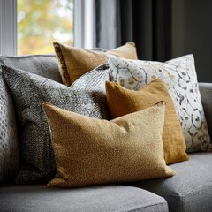 Close-up of comfortable pillows on a neutral sofa. Varying textures and patterns in shades of gold and gray. Natural light from a window