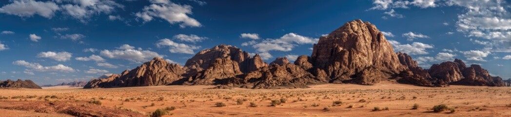 Fototapeta premium A sweeping landscape panorama depicts a desert scene under a vast blue sky dotted with clouds. Rugged rock formations stand tall