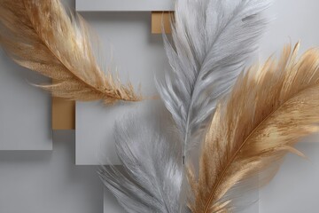 Close-up of gold and silver feathers artfully arranged against geometric shapes, creating a modern, elegant composition