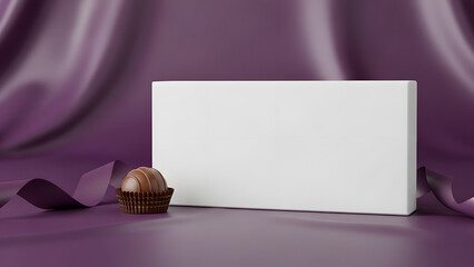 Obraz premium A white chocolate box mockup displayed elegantly on a rich purple background, featuring a delicious chocolate truffle beside it for enticing product presentation.