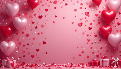 Obraz premium A vibrant celebration scene featuring an array of red and pink balloons, heart shapes, and gift boxes, perfect for Valentine's Day or romantic occasions.