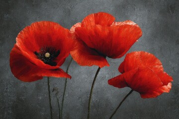 Close-up of three vibrant red poppies, petals open, against a textured gray background, capturing the delicate beauty