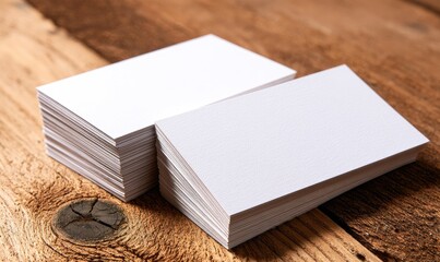 Close-up of two stacks of blank, rectangular cards on a textured, light-brown wooden surface, showcasing the paper grain