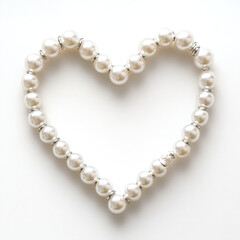 Heart shape formed by elegant white pearls with silver spacers on clean white background, symbolizing love and delicate beauty with soft, romantic feel