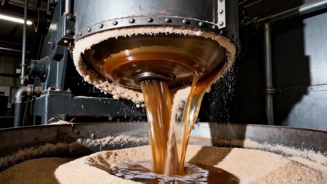 Medium shot of a vertical centrifuge in action spinning sugar crystals to separate molasses with visible motion and industrial environment details.
