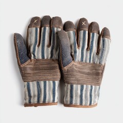 Close-up studio shot of a pair of work gloves with a striped pattern on a light background. Features include leather trim and reinforced palms