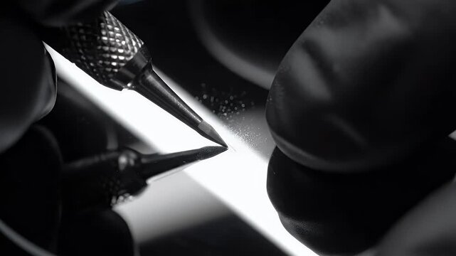 Extreme Macro of Metal Scribe scratching Glass Surface representing Mohs Hardness Test
