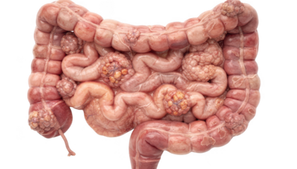 Closeup educational medical photo of small intestine isolated on white focusing on lymphoid tissue structures and anatomical variations in a clean front view display.