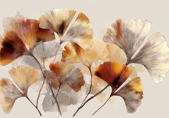 Digitally created illustration of golden-hued, fan-shaped leaves, reminiscent of a plant's foliage. The artwork has a watercolor-like appearance