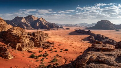 Expansive desert landscape featuring dramatic rock formations and sandy plains under a partly cloudy sky, evoking a sense of vastness