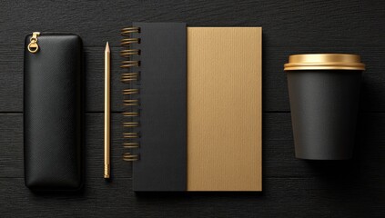 Flat lay of black and gold stationery on dark wood, including a pencil case, spiral notebook, pen, and coffee cup