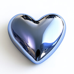 Shiny metallic heart with smooth reflective chrome finish in futuristic style, glowing softly with blue and purple hues on white background