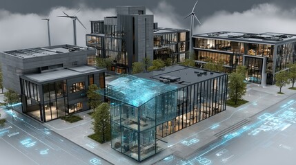 Futuristic smart city architecture with renewable energy and digital interface overlay