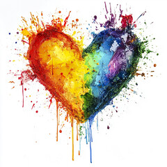Vibrant heart shape created with colorful paint splatters and drips, blending warm and cool tones in artistic and expressive style on white background