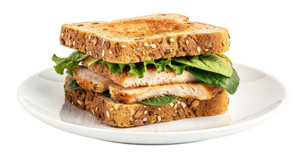 Half sandwich with lean protein and leafy greens on whole grain bread isolated on white illustrating a nutrientrich snack plate designed to stabilize blood sugar effectively.