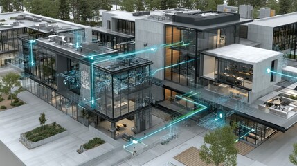 Modern smart building architecture with glowing blue network visualization overlaid