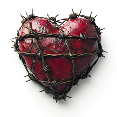 Red heart wrapped tightly in rusty barbed wire, symbolizing pain, protection, and emotional struggle with dramatic and intense visual impact