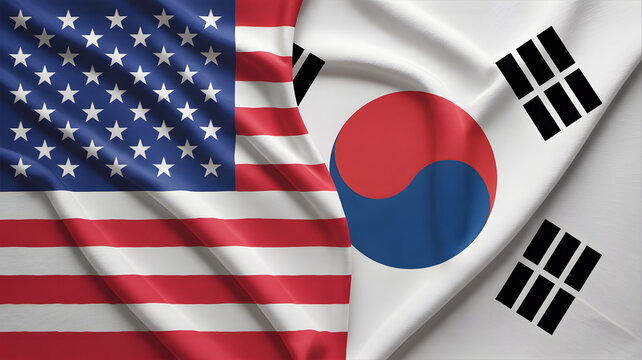 Dynamic US and South Korea flags symbolize strong alliance, partnership, and global cooperation in a modern visual representation.