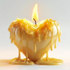 Glowing heart shaped candle with warm yellow wax melting and dripping down its sides, creating soft and cozy atmosphere with gentle flame flickering brightly