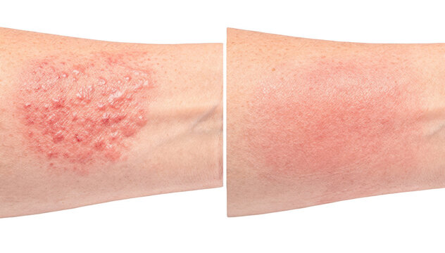 Sidebyside closeup images of an arm patch showing visible reduction in redness and irritation over weeks on a neutral white background.