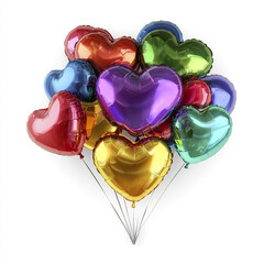 Vibrant cluster of glossy heart shaped balloons in various colors including purple, gold, red, green, and blue, creating cheerful and festive atmosphere