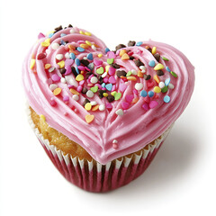 Heart shaped cupcake with pink frosting and colorful heart shaped sprinkles creates cheerful and festive treat perfect for celebrations or special occasions