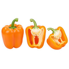 Three bell peppers cut in different ways isolated on transparent background
