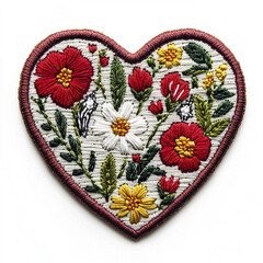 Heart shaped embroidery patch featuring detailed stitching with colorful red, yellow, and white flowers and green leaves, creating vibrant and charming floral design