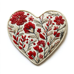 Heart shaped embroidered patch featuring detailed red and beige floral stitching on cream fabric background, showcasing intricate craftsmanship and delicate botanical design