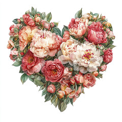 Heart shaped floral bouquet with peonies and roses in soft pink, white, and coral tones, surrounded by green leaves, creating romantic and elegant arrangement