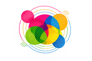 Overlapping colorful translucent circles creating abstract halftone pattern with dotted lines on transparent background