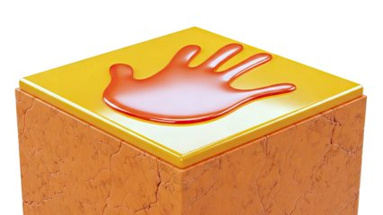 Red handprint on orange cube with textured base