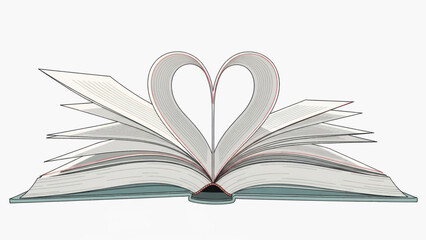 Fototapeta premium Open book with pages curved into a heart shape, a graceful symbol of reading, love, and imagination.