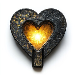 Heart shaped keyhole with soft golden glow inside, featuring textured dark metal surface and warm light radiating from center, symbolizing mystery and warmth