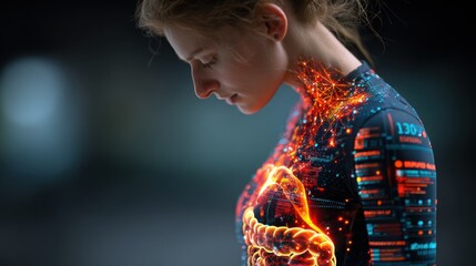 Futuristic Digital Anatomy Visualization of a Woman with Glowing Data Streams
