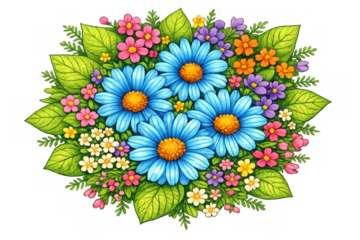 Colorful spring flowers creating a beautiful bouquet composition, vibrant floral design on transparent background