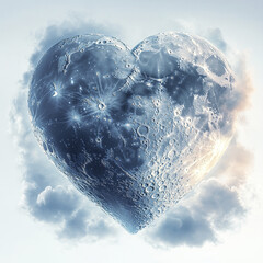 Heart shaped moon glowing softly with crater details surrounded by gentle clouds in serene sky, evoking peaceful and romantic atmosphere