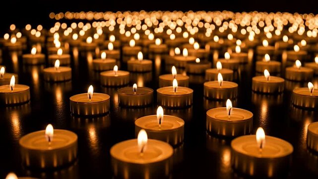 Warm glow of hundreds of lit candles creates a peaceful ambiance in a dark space, perfect for meditation, relaxation, or contemplation.