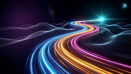 Vibrant light trails curve through digital hills, glowing against dark cosmic background.
