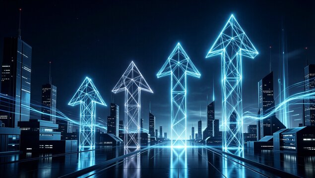Blue glowing arrows rise above futuristic city skyline at night, symbolizing growth and innovation. - Powered by Adobe