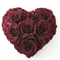 Heart shaped arrangement of deep red roses with lush petals, creating romantic and elegant floral display perfect for special occasions and expressions of love